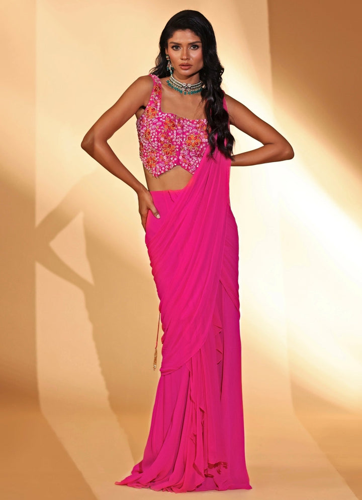 Pink Georgette Pre - Draped Saree Kiyohra - Fabilicious Fashion