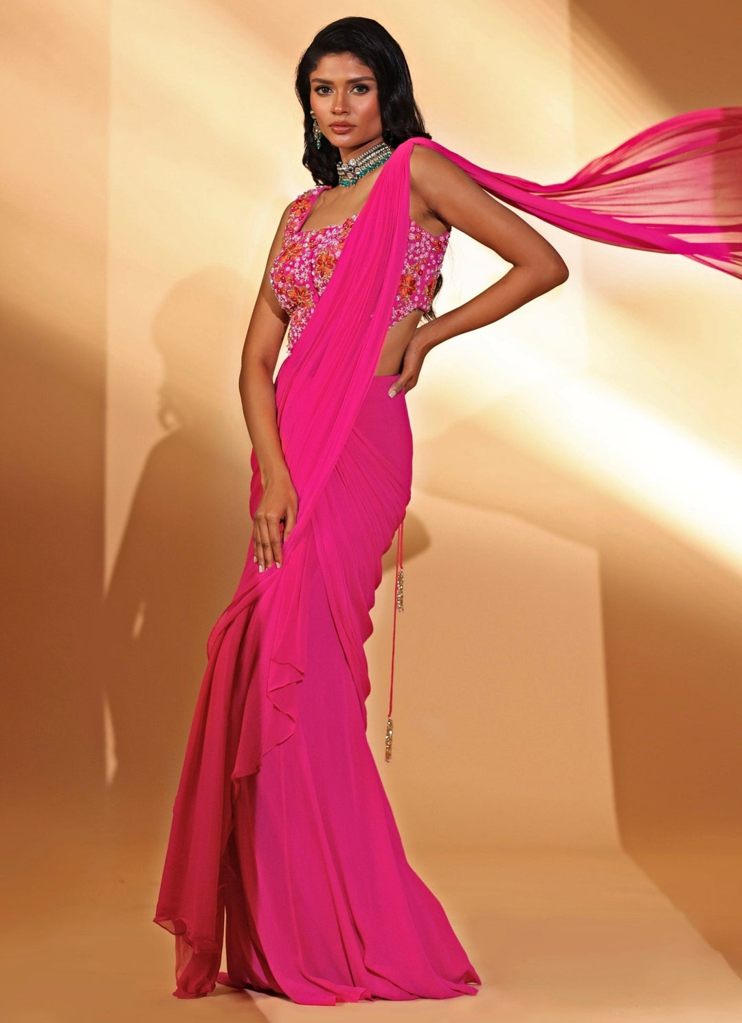 Pink Georgette Pre - Draped Saree Kiyohra - Fabilicious Fashion