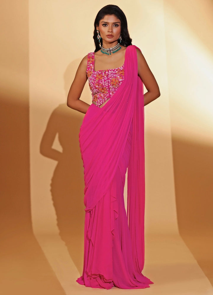 Pink Georgette Pre - Draped Saree Kiyohra - Fabilicious Fashion