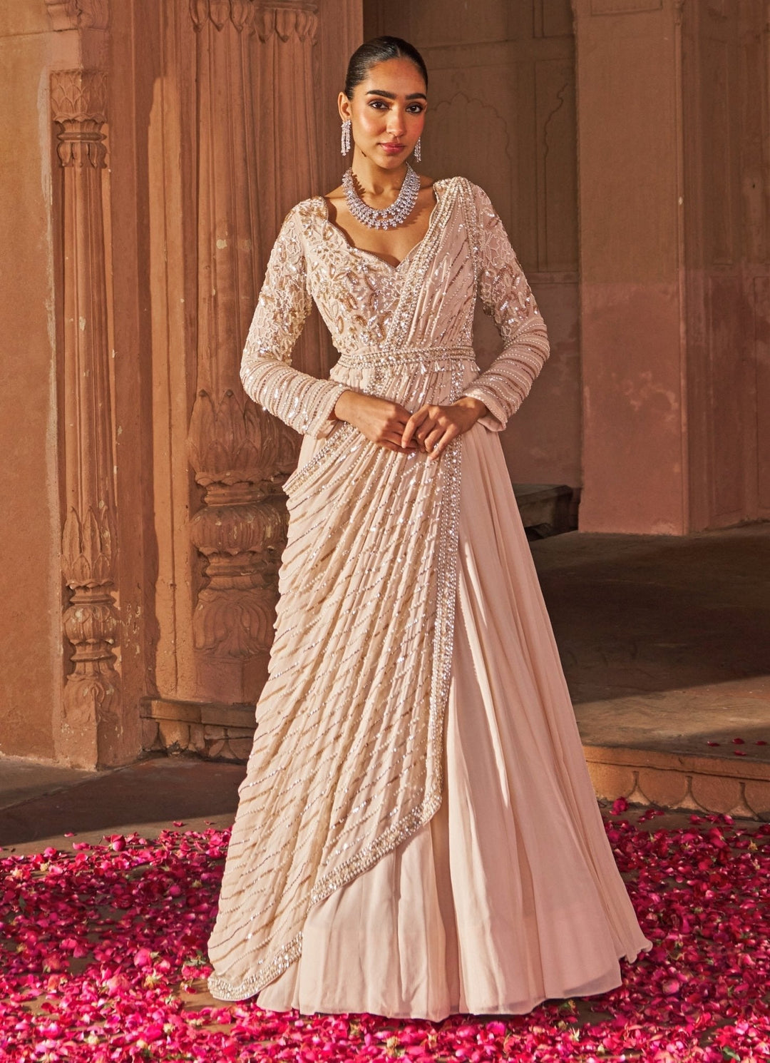 Pink Georgette Sequins Embroidered Anarkali With Belt Nidhika Shekhar - Fabilicious Fashion