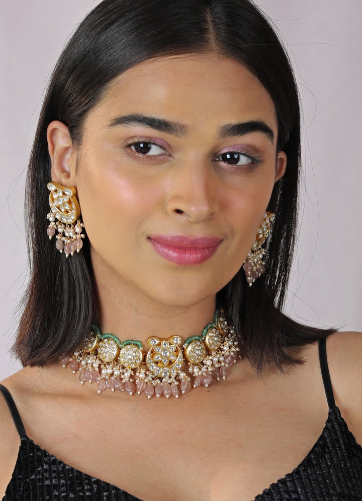 Pink Gold Plated Jadau Necklace Set Riana by Shikha Jindal - Fabilicious Fashion