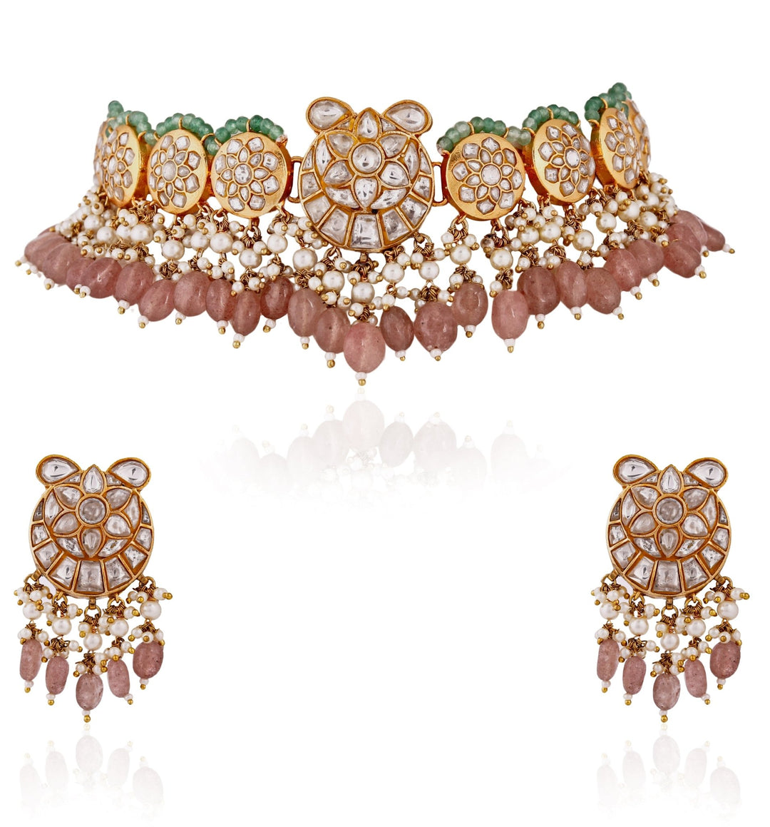 Pink Gold Plated Jadau Necklace Set Riana by Shikha Jindal - Fabilicious Fashion