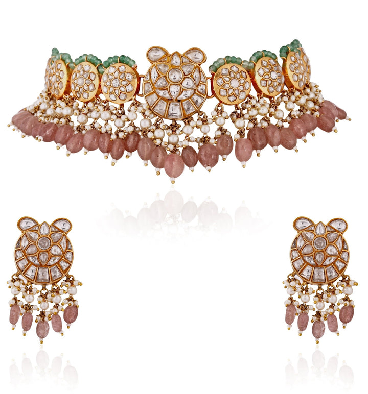 Pink Gold Plated Jadau Necklace Set Riana by Shikha Jindal - Fabilicious Fashion