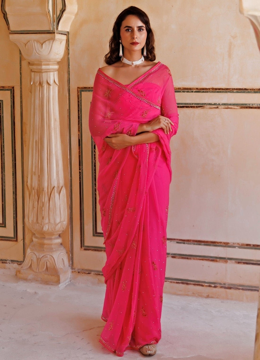 Pink Hand Embroidered Chiffon Saree Geroo Jaipur - Fabilicious Fashion