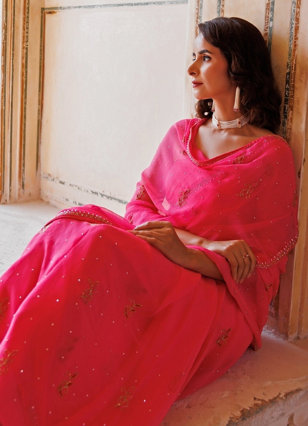 Pink Hand Embroidered Chiffon Saree Geroo Jaipur - Fabilicious Fashion