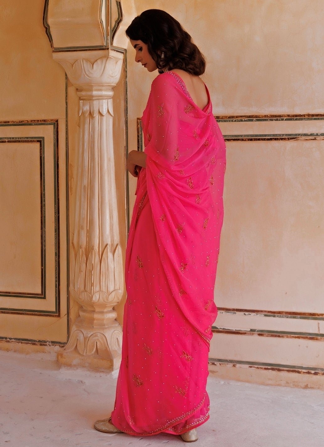 Pink Hand Embroidered Chiffon Saree Geroo Jaipur - Fabilicious Fashion