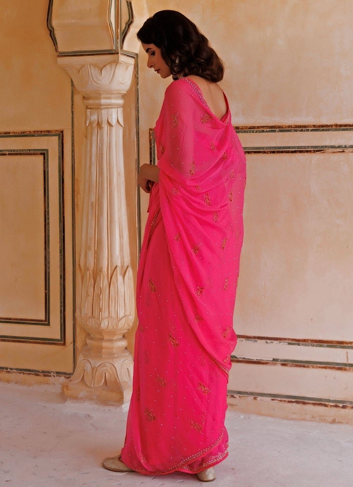 Pink Hand Embroidered Chiffon Saree Geroo Jaipur - Fabilicious Fashion