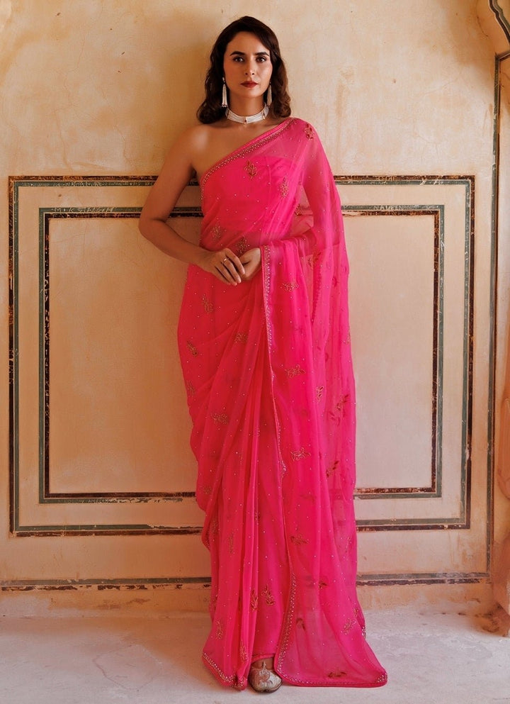 Pink Hand Embroidered Chiffon Saree Geroo Jaipur - Fabilicious Fashion