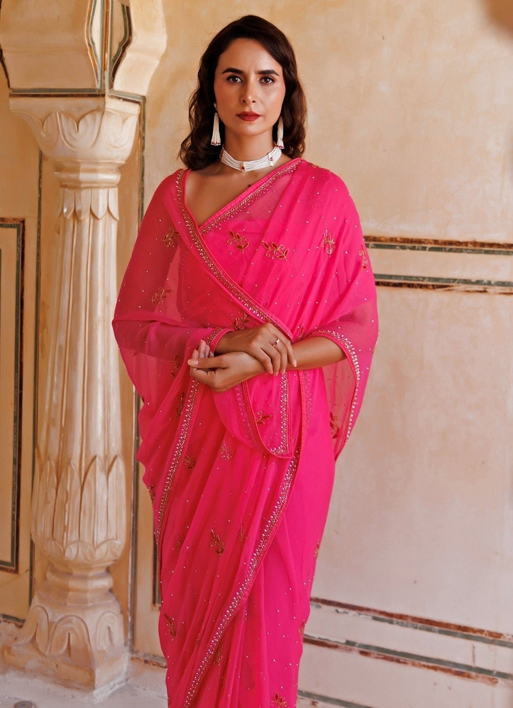 Pink Hand Embroidered Chiffon Saree Geroo Jaipur - Fabilicious Fashion