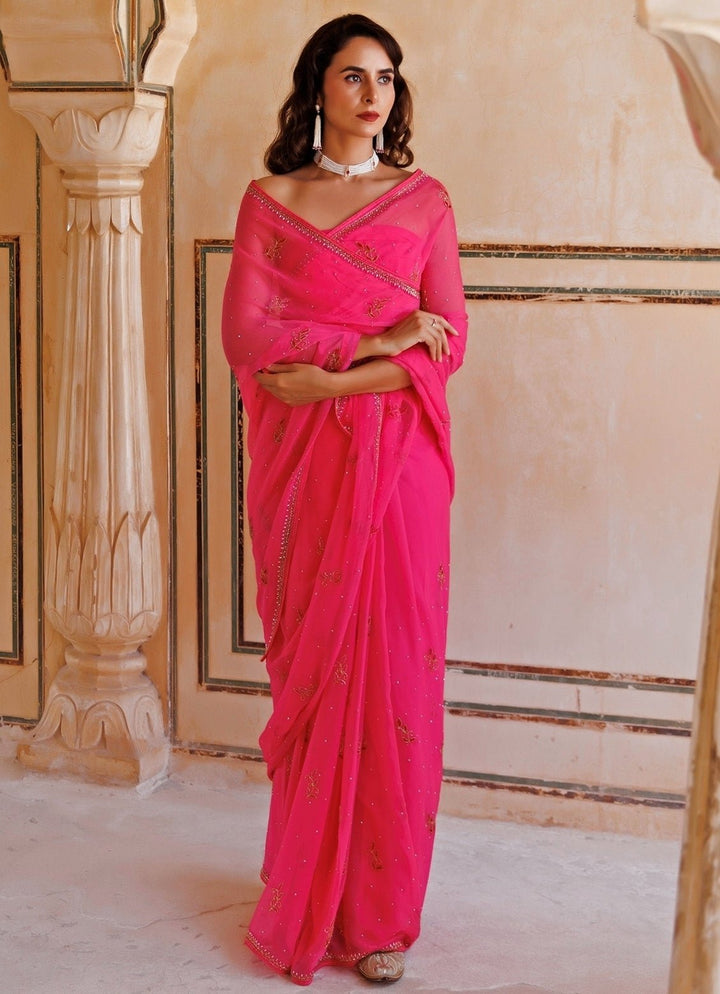 Pink Hand Embroidered Chiffon Saree Geroo Jaipur - Fabilicious Fashion
