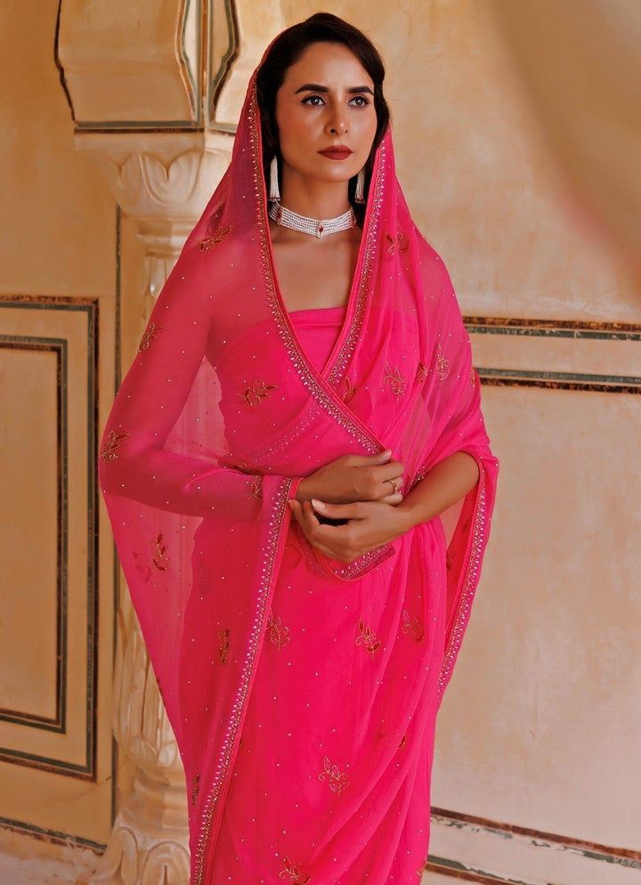 Pink Hand Embroidered Chiffon Saree Geroo Jaipur - Fabilicious Fashion