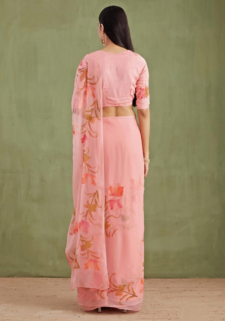 Geroo Jaipur Pink Hand Painted Chiffon Pre - Draped SareeFabilicious Fashion