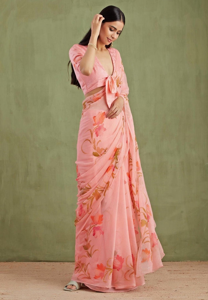 Geroo Jaipur Pink Hand Painted Chiffon Pre - Draped SareeFabilicious Fashion