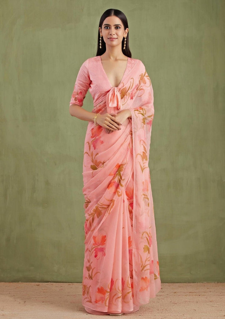 Geroo Jaipur Pink Hand Painted Chiffon Pre - Draped SareeFabilicious Fashion