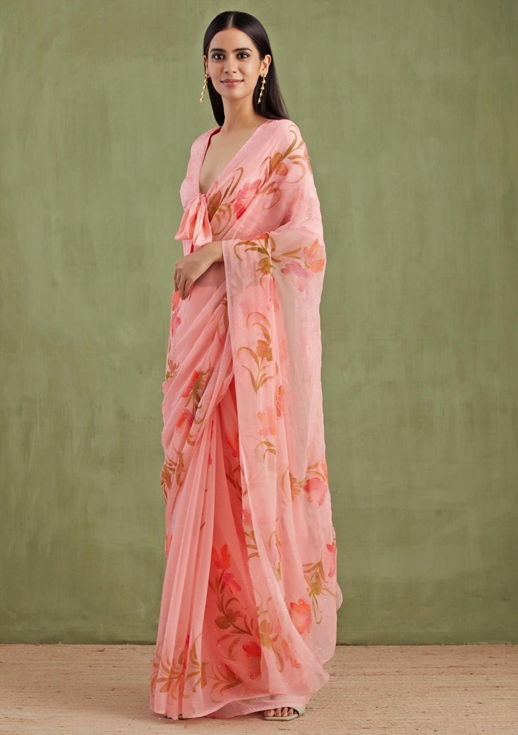 Geroo Jaipur Pink Hand Painted Chiffon Pre - Draped SareeFabilicious Fashion