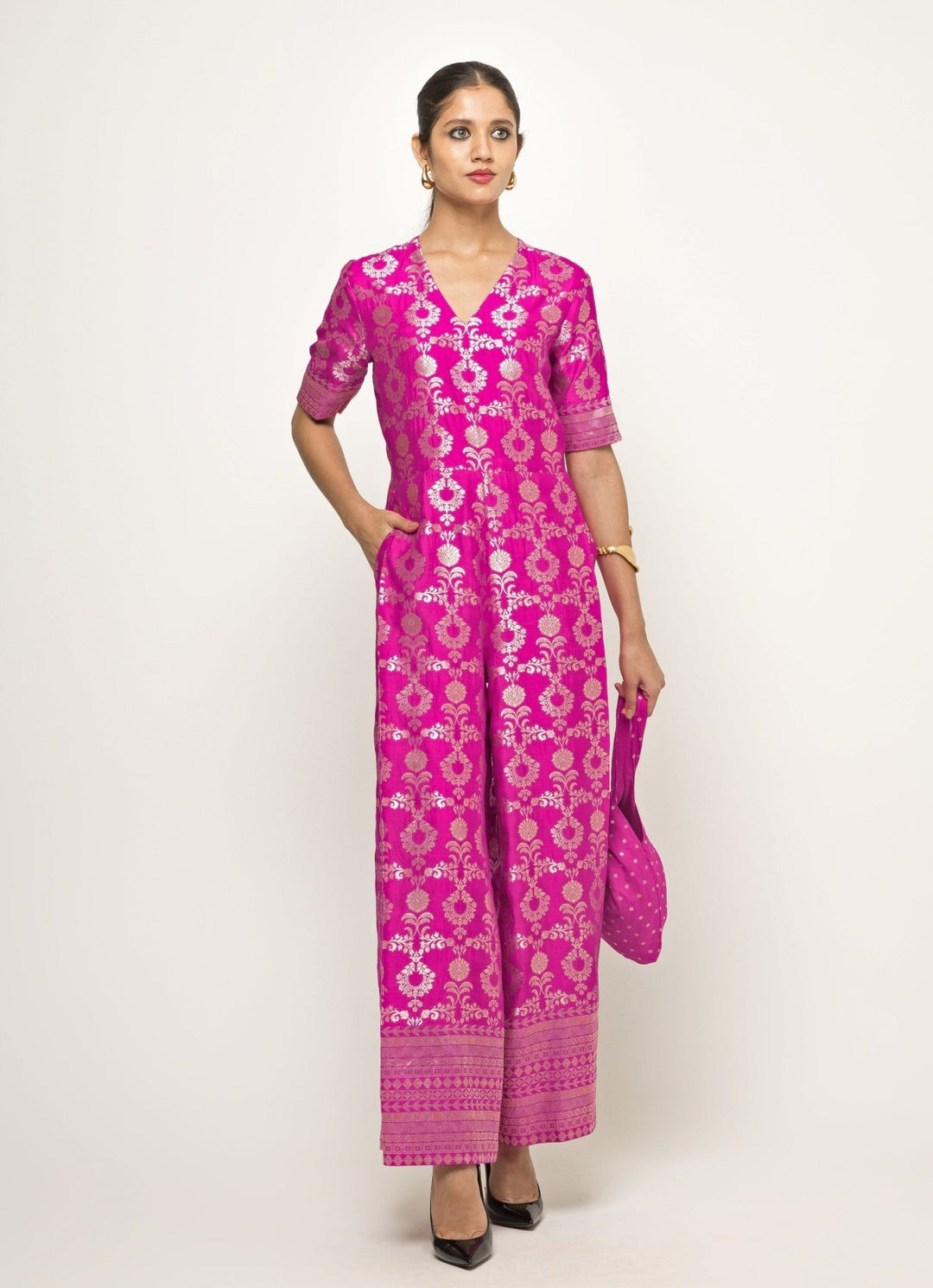 Pink Handwoven Brocade Jaal Jumpsuit Sobariko - Fabilicious Fashion