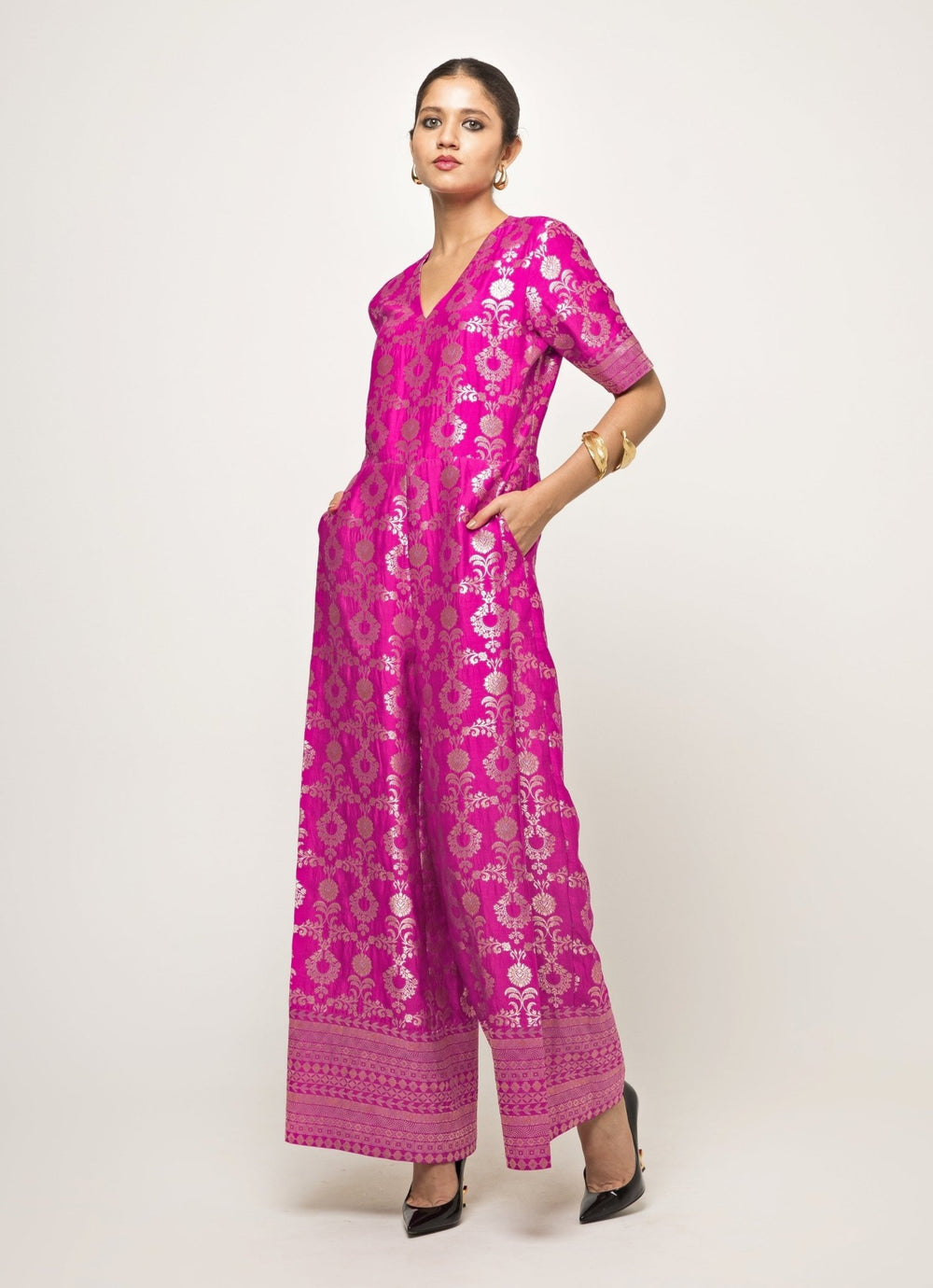 Pink Handwoven Brocade Jaal Jumpsuit Sobariko - Fabilicious Fashion