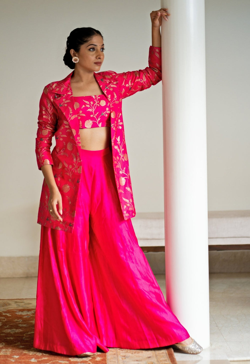 Pink Handwoven Floral Brocade Jacket Set Sobariko - Fabilicious Fashion