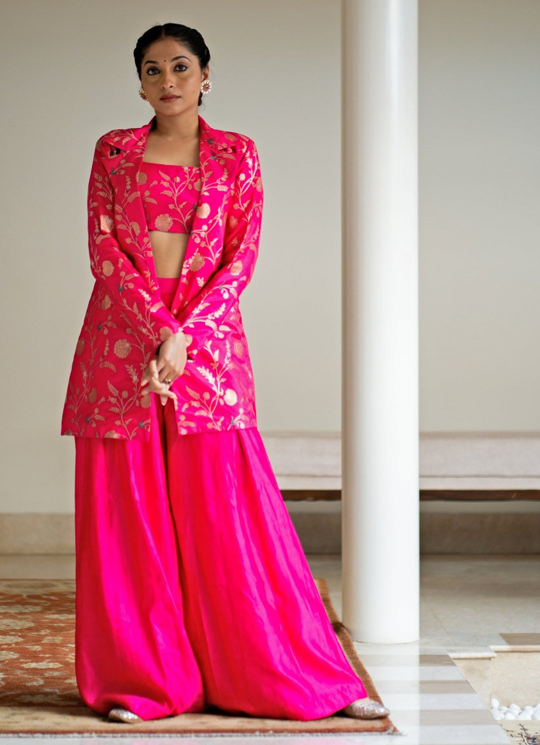 Pink Handwoven Floral Brocade Jacket Set Sobariko - Fabilicious Fashion