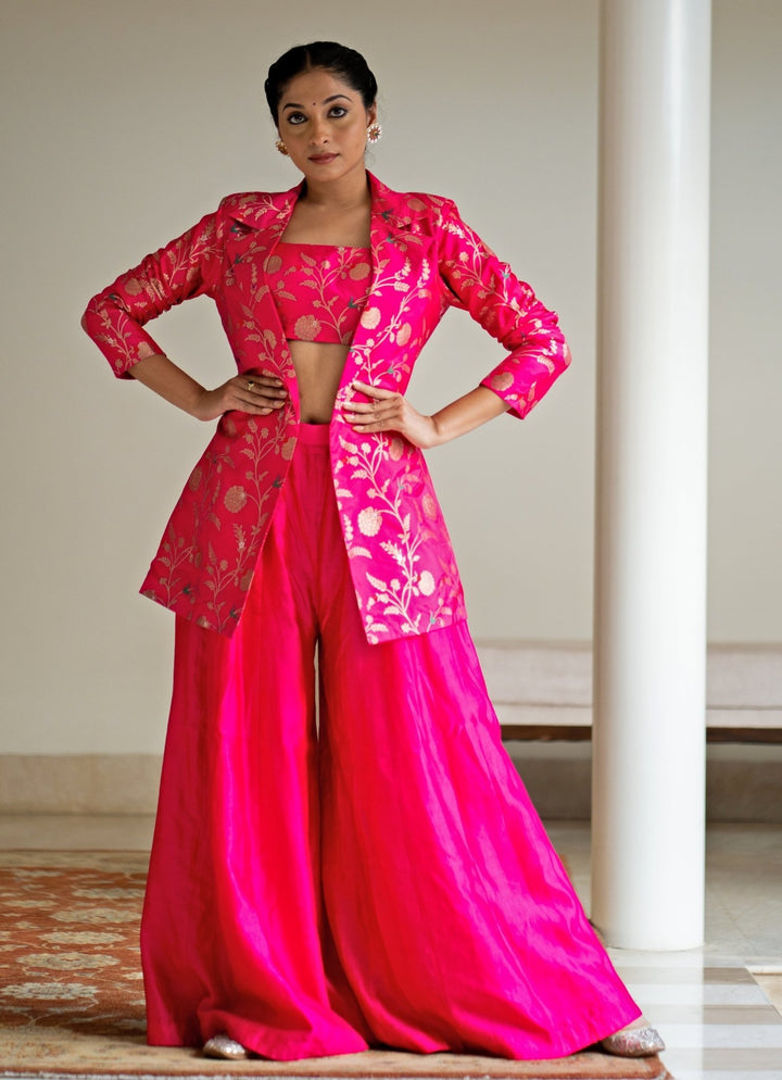 Pink Handwoven Floral Brocade Jacket Set Sobariko - Fabilicious Fashion