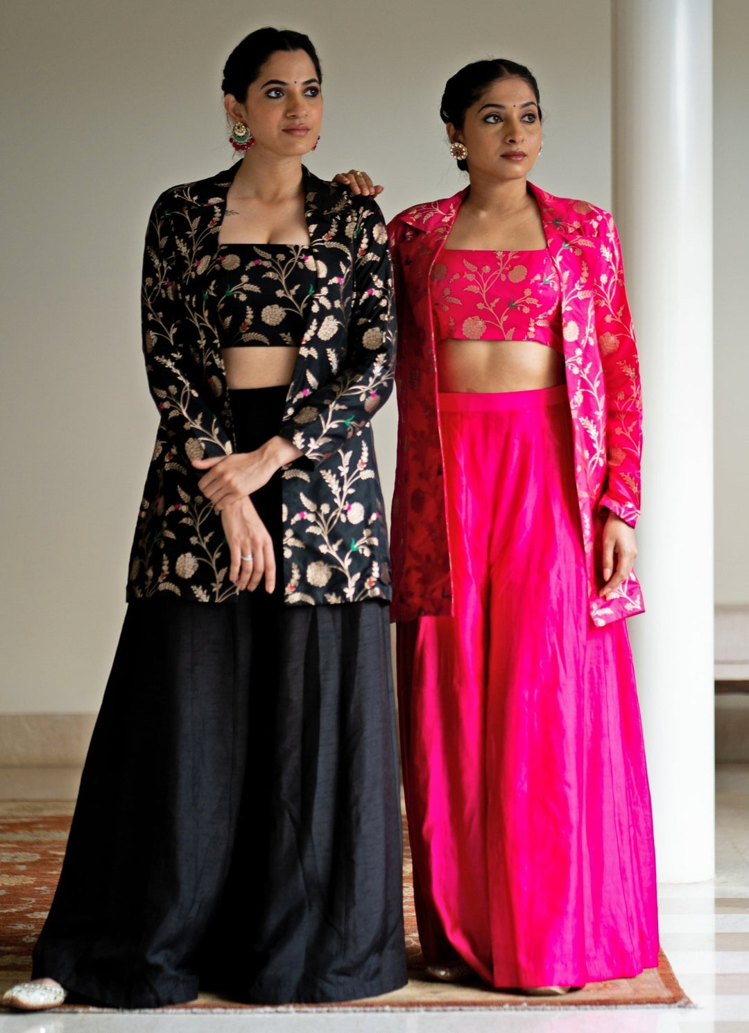 Pink Handwoven Floral Brocade Jacket Set Sobariko - Fabilicious Fashion