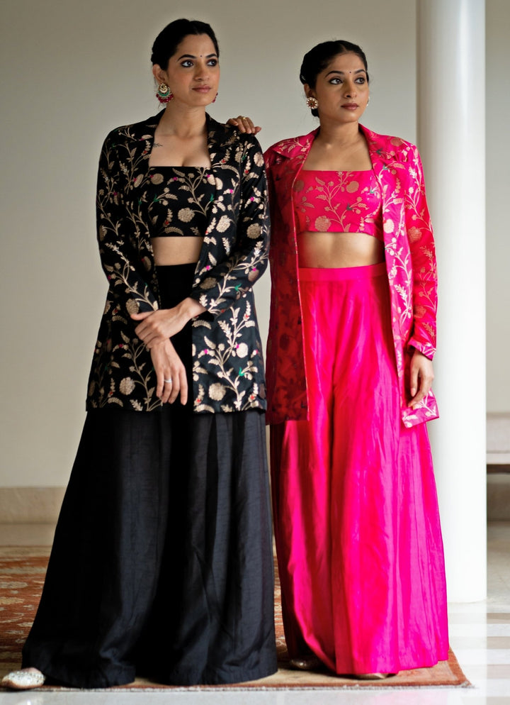 Pink Handwoven Floral Brocade Jacket Set Sobariko - Fabilicious Fashion