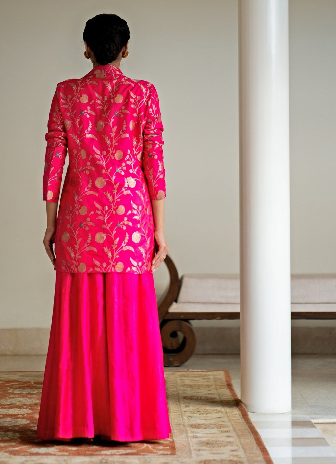 Pink Handwoven Floral Brocade Jacket Set Sobariko - Fabilicious Fashion