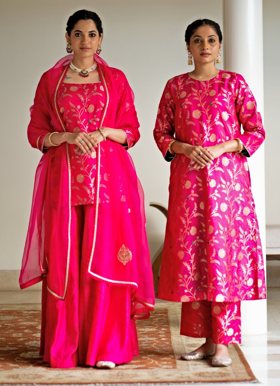 Pink Handwoven Floral Jaal Brocade Silk Kurta Pant Set Sobariko - Fabilicious Fashion