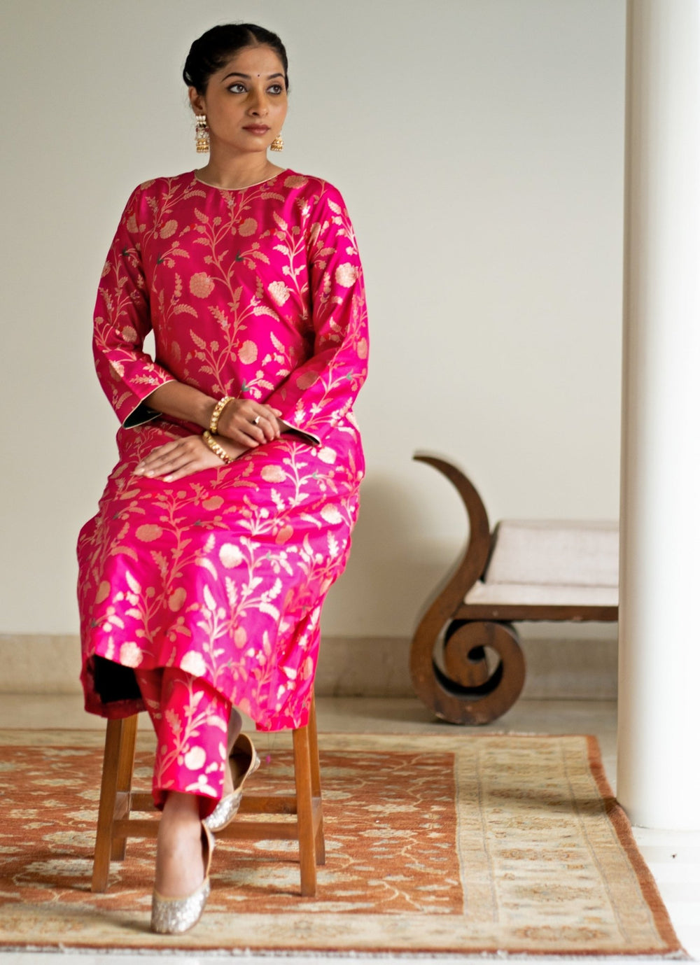 Pink Handwoven Floral Jaal Brocade Silk Kurta Pant Set Sobariko - Fabilicious Fashion