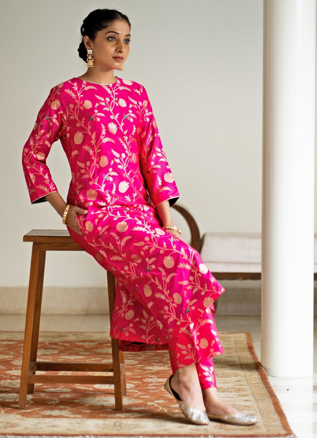 Pink Handwoven Floral Jaal Brocade Silk Kurta Pant Set Sobariko - Fabilicious Fashion