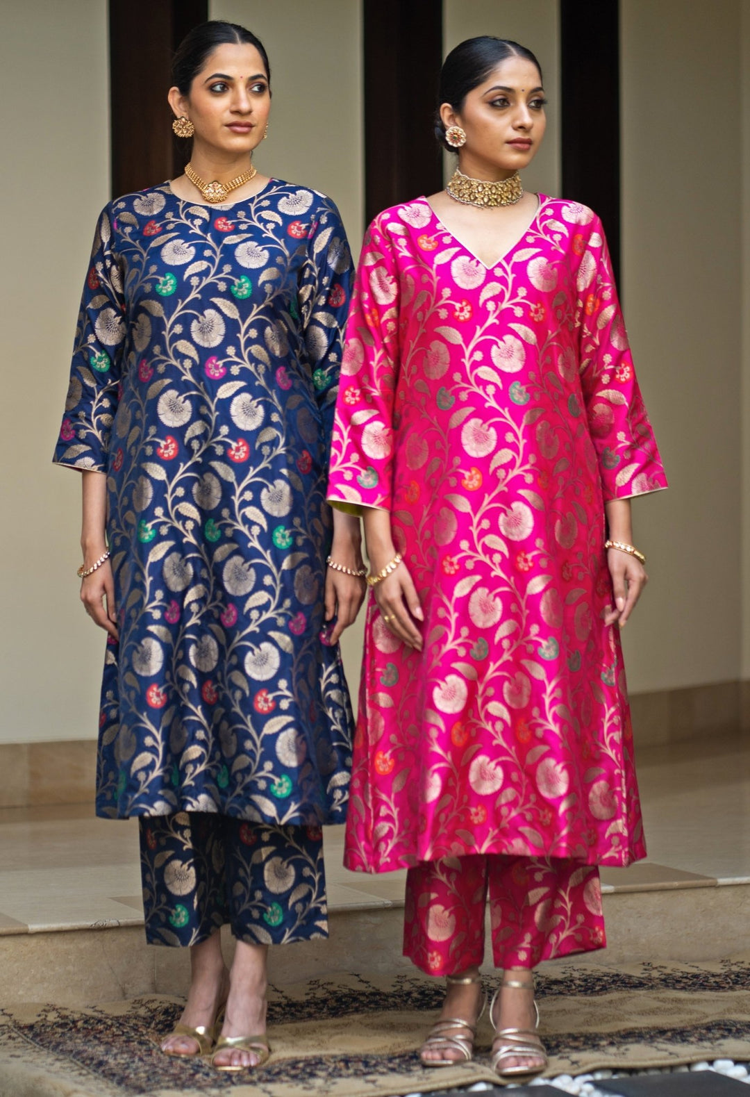 Pink Handwoven Floral Silk Kurta Pant Set Sobariko - Fabilicious Fashion