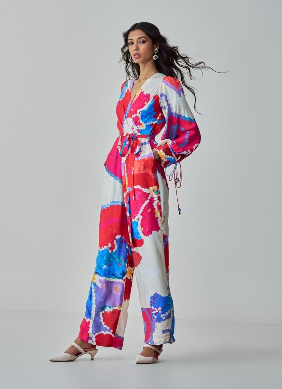 Pink Ikat Print Jumpsuit Saaksha & Kinni - Fabilicious Fashion