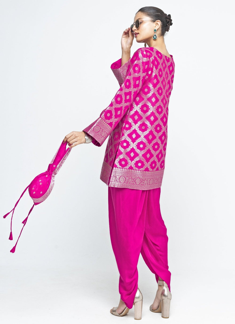 Pink Jaal Silk Kurta Dhoti Set Sobariko - Fabilicious Fashion