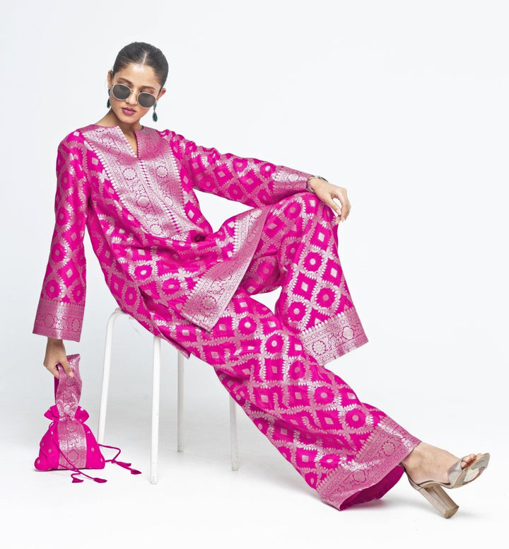 Pink Jaal Silk Kurta Pants Set Sobariko - Fabilicious Fashion