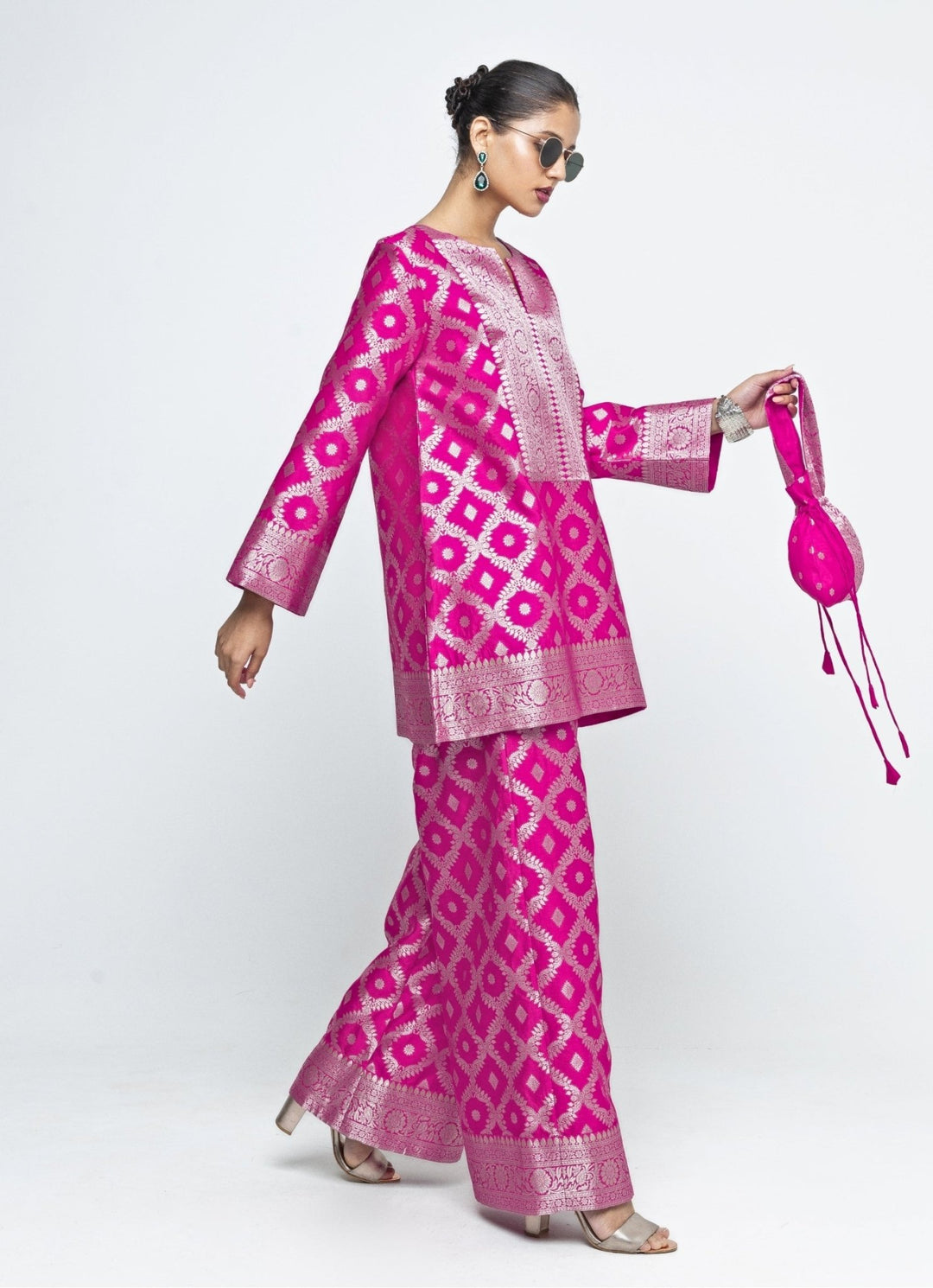 Pink Jaal Silk Kurta Pants Set Sobariko - Fabilicious Fashion