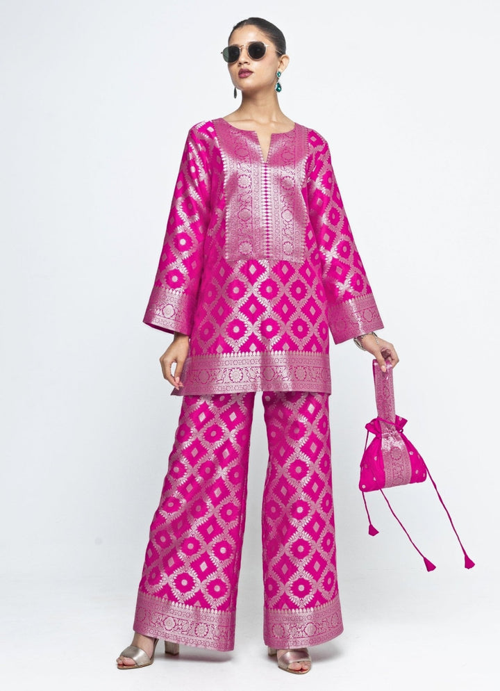 Pink Jaal Silk Kurta Pants Set Sobariko - Fabilicious Fashion