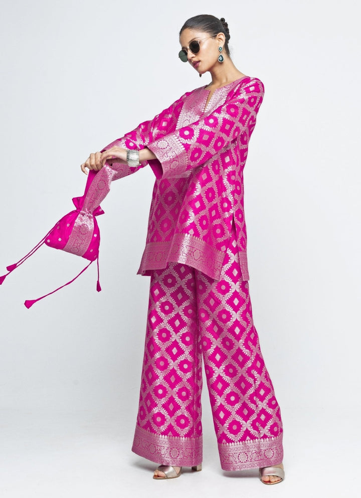 Pink Jaal Silk Kurta Pants Set Sobariko - Fabilicious Fashion