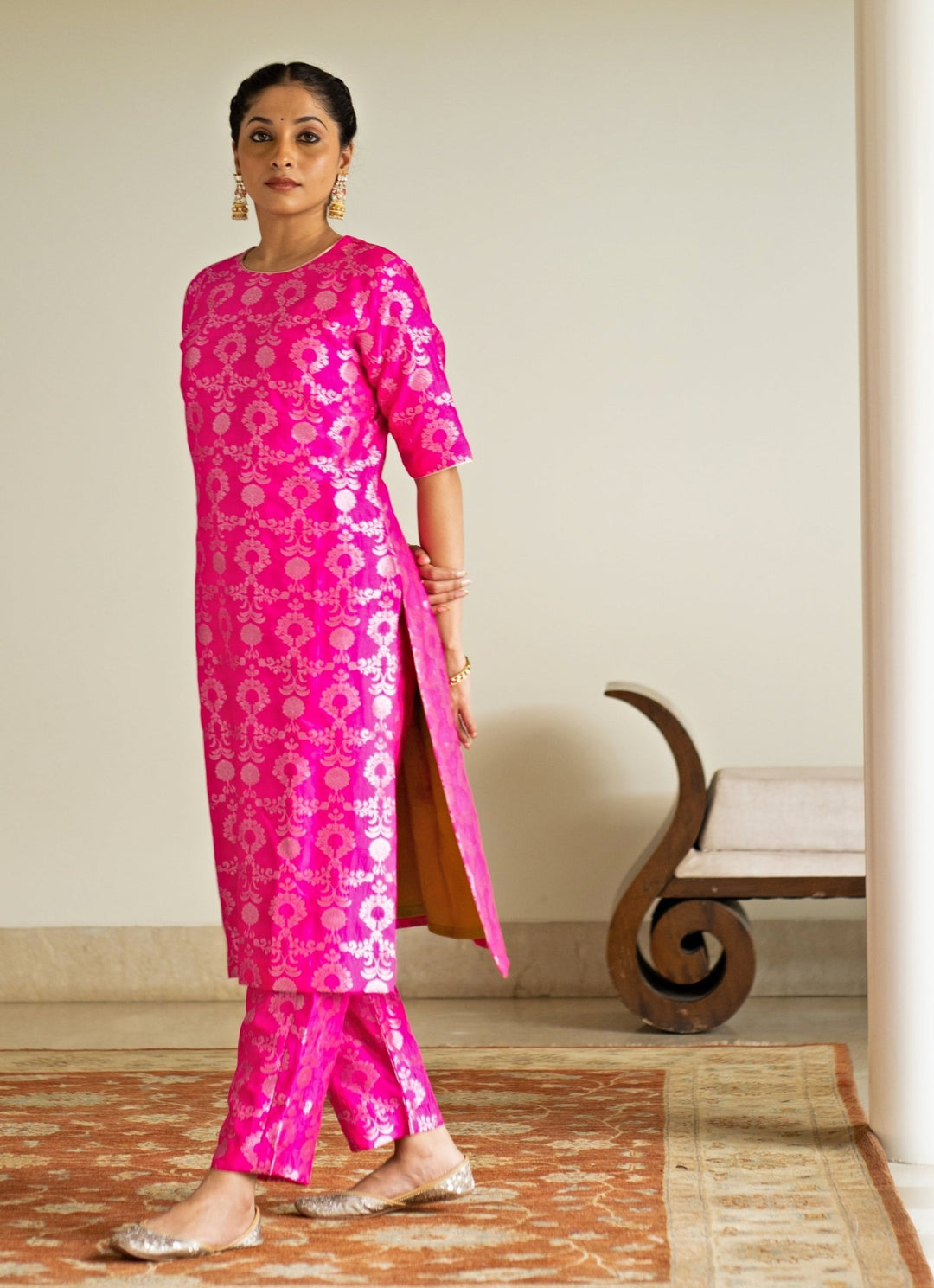 Pink Jaal Weaved Brocade Silk Kurta Pant Set Sobariko - Fabilicious Fashion