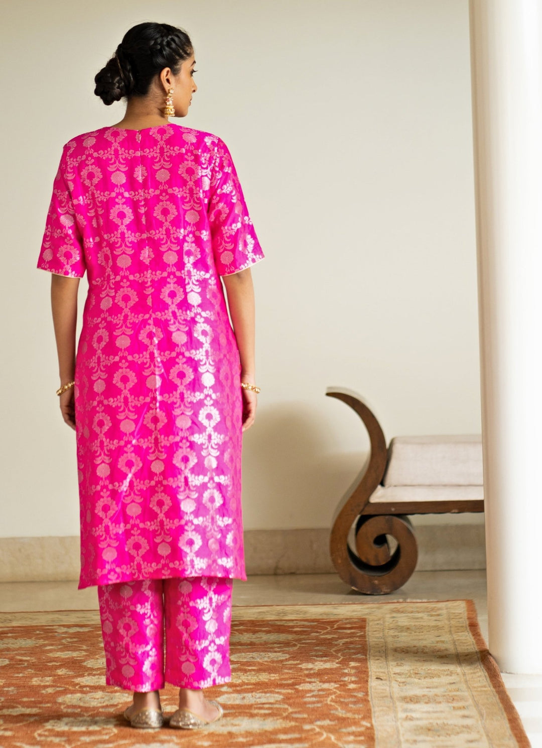 Pink Jaal Weaved Brocade Silk Kurta Pant Set Sobariko - Fabilicious Fashion