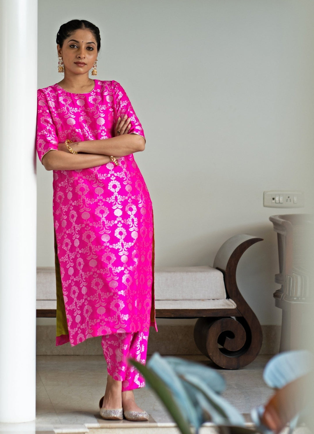 Pink Jaal Weaved Brocade Silk Kurta Pant Set Sobariko - Fabilicious Fashion