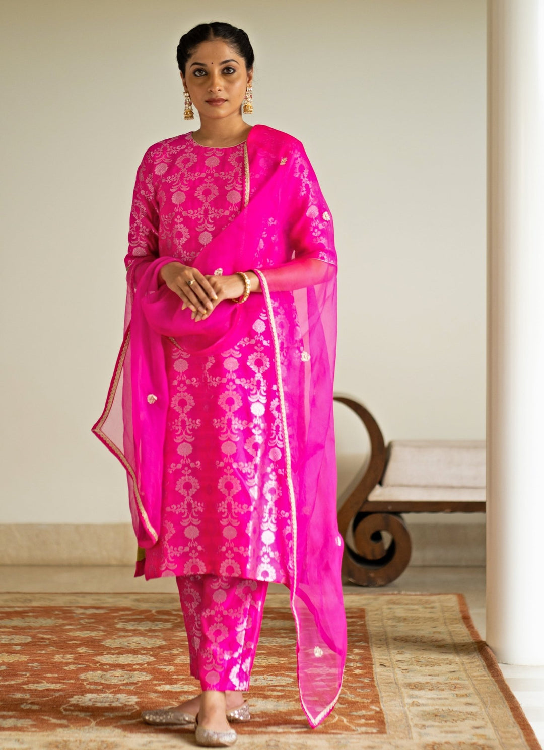 Pink Jaal Weaved Brocade Silk Kurta Pant Set Sobariko - Fabilicious Fashion
