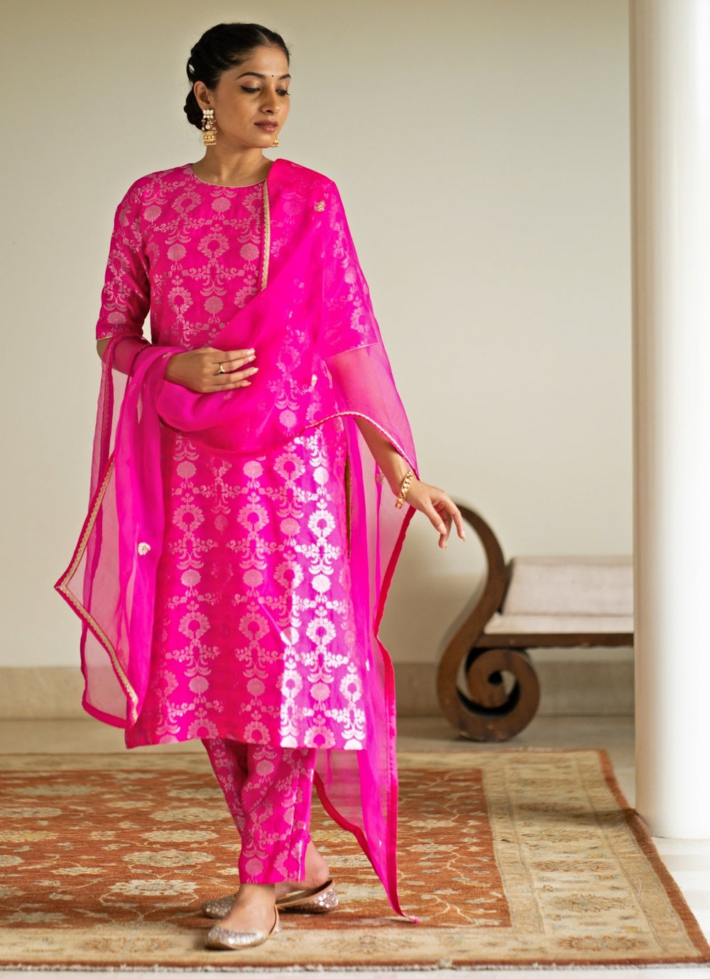 Pink Jaal Weaved Brocade Silk Kurta Pant Set Sobariko - Fabilicious Fashion