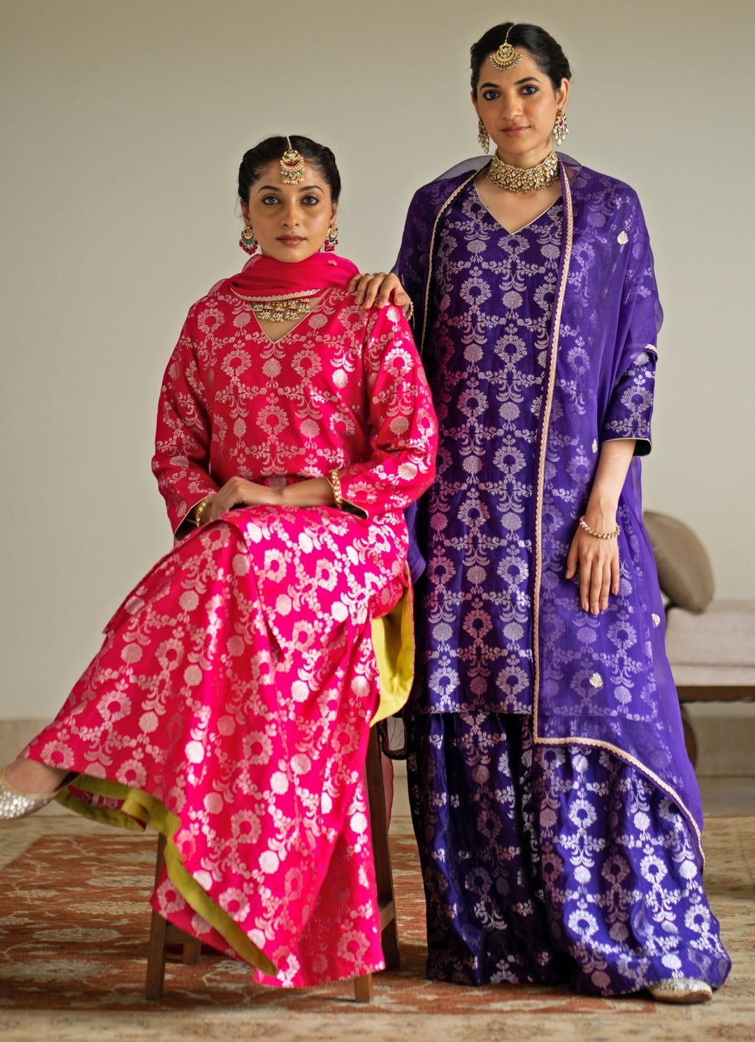 Pink Jaal Weaved Silk Kurta Sharara Set Sobariko - Fabilicious Fashion