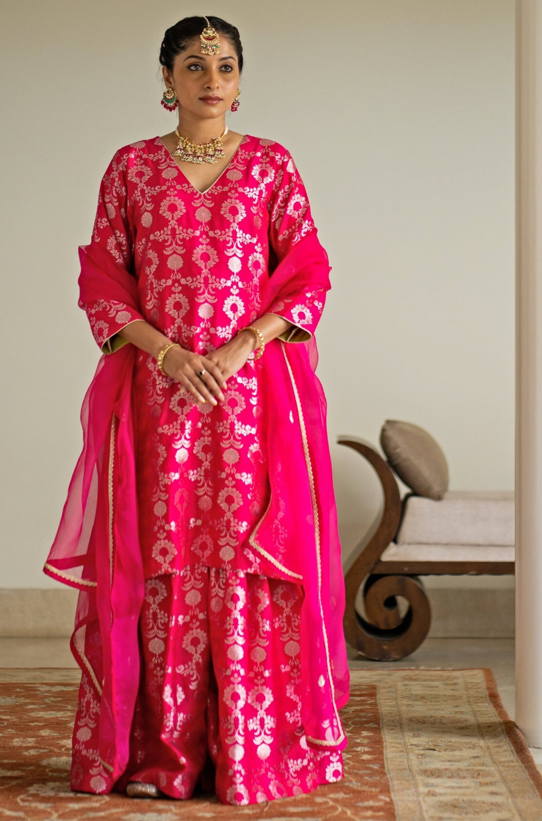 Pink Jaal Weaved Silk Kurta Sharara Set Sobariko - Fabilicious Fashion