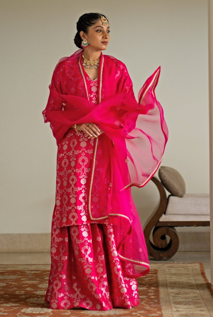 Pink Jaal Weaved Silk Kurta Sharara Set Sobariko - Fabilicious Fashion