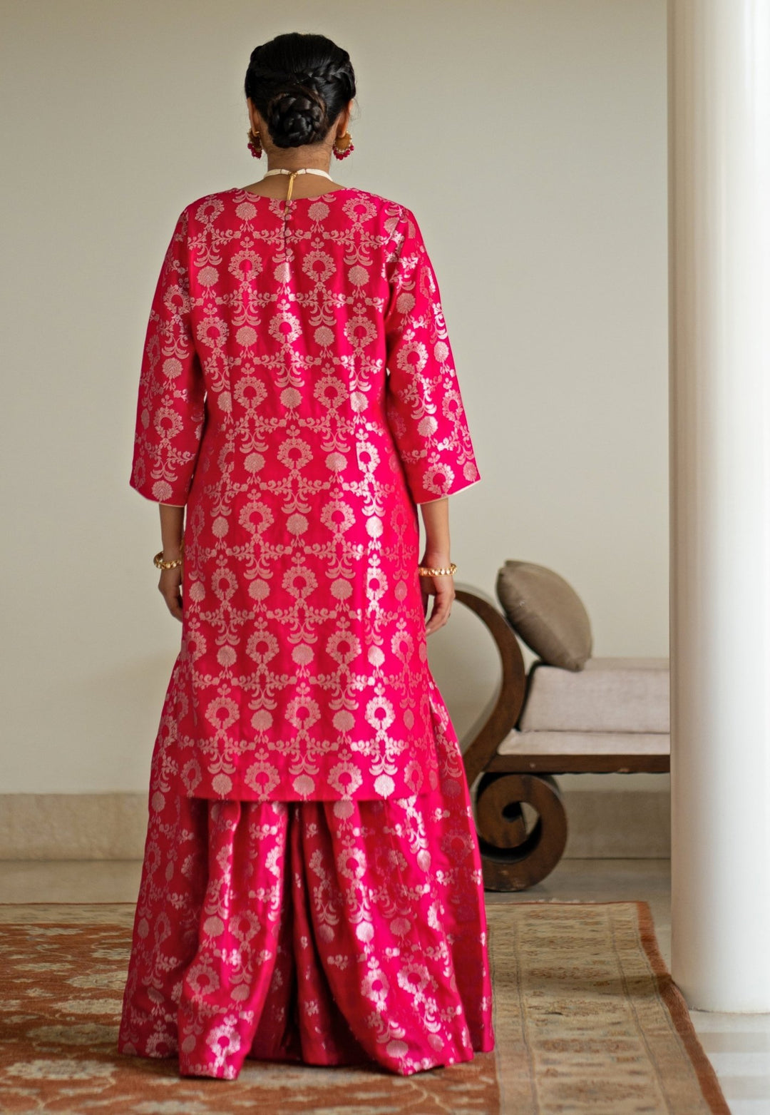 Pink Jaal Weaved Silk Kurta Sharara Set Sobariko - Fabilicious Fashion