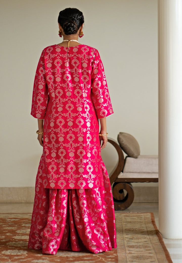 Pink Jaal Weaved Silk Kurta Sharara Set Sobariko - Fabilicious Fashion