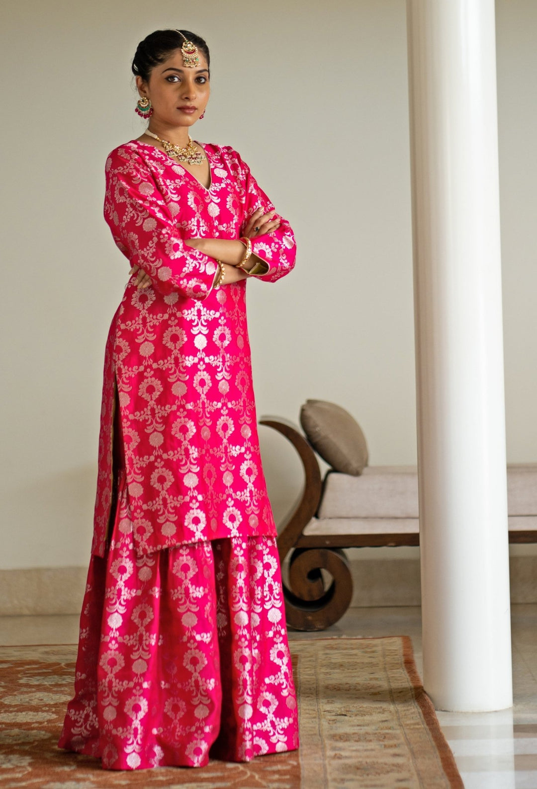 Pink Jaal Weaved Silk Kurta Sharara Set Sobariko - Fabilicious Fashion