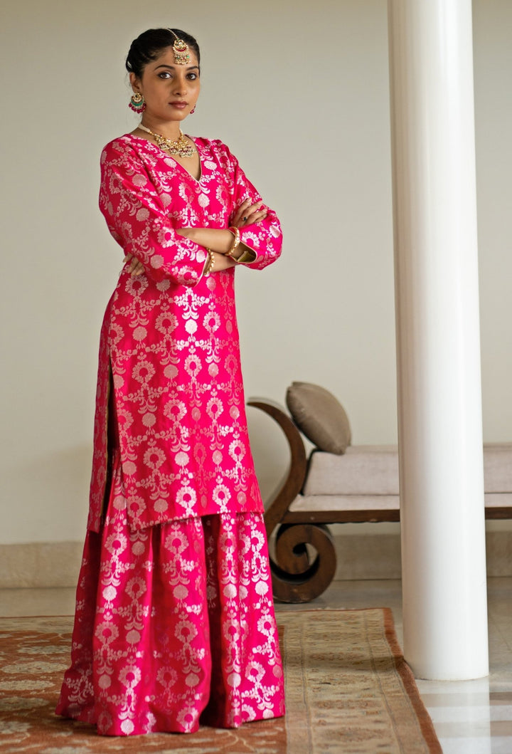 Pink Jaal Weaved Silk Kurta Sharara Set Sobariko - Fabilicious Fashion