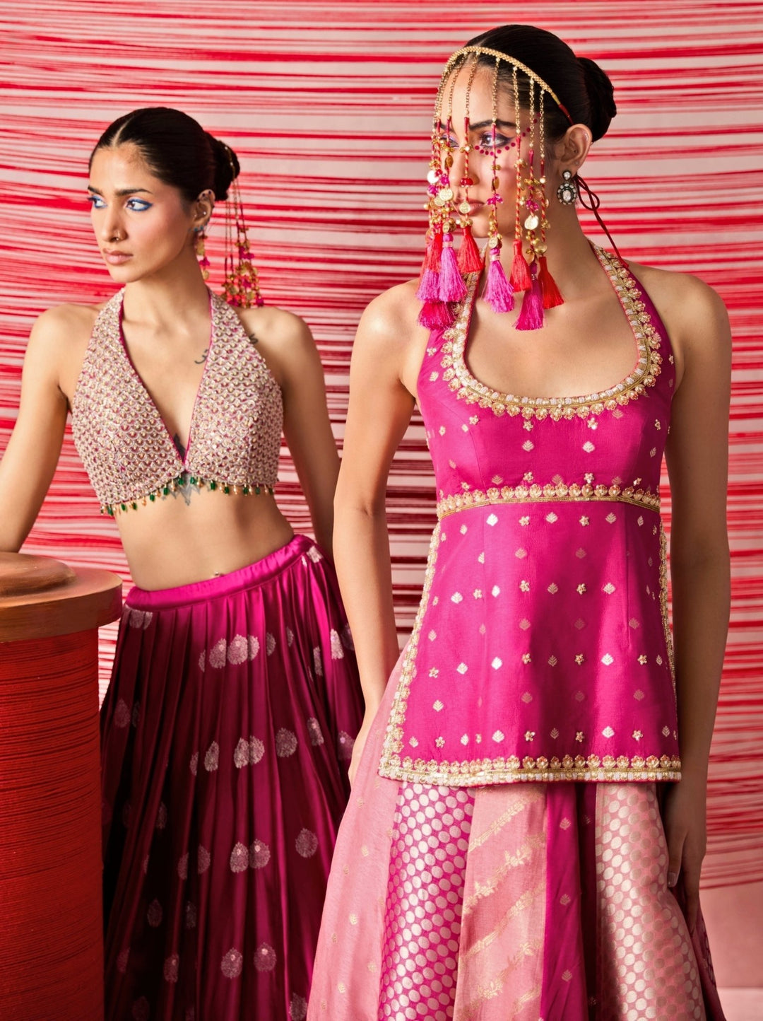 Chamee And Palak Pink Jamewar Kurta Lehenga SetFabilicious Fashion